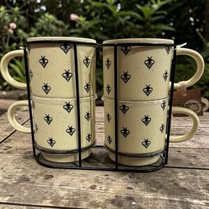 Cream Bee-Pattern Stackable Mugs with Black Rack
